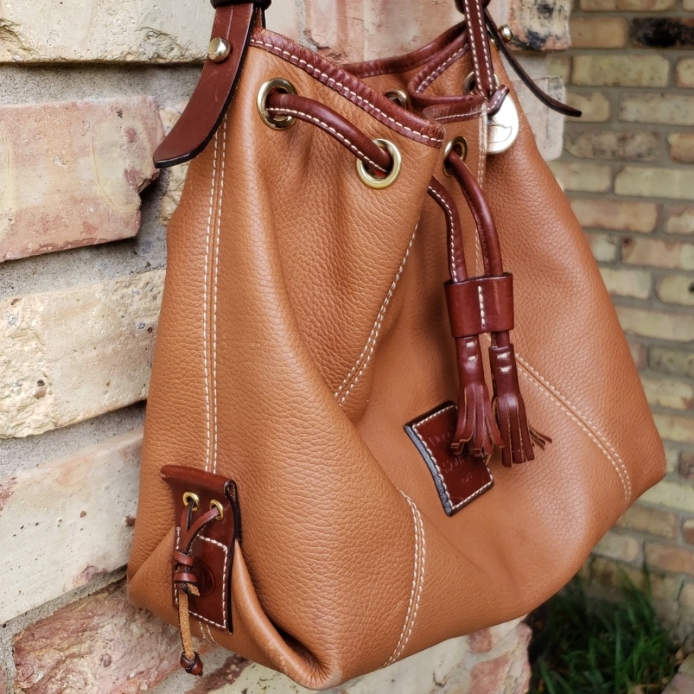 Dooney & Bourke Cognac Pebble Leather Drawstring Shoulder Bag - Picture 4 of 8